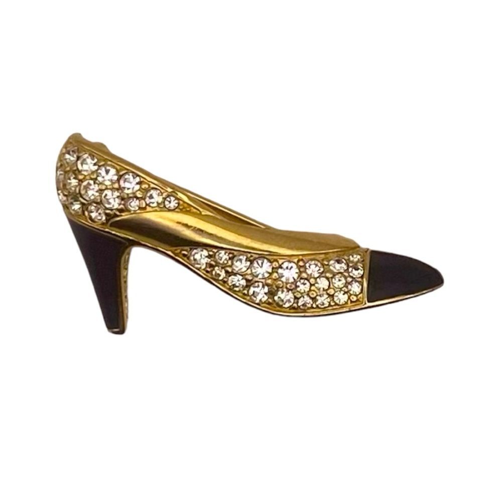 Vintage Swarovski High Heel Shoe Gold Tone, Crystal, and Black Enamel Brooch